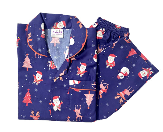 Santa Claus Print Night suit - Full Sleeve (Blue)